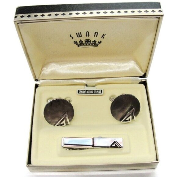 Vintage Swank MOP Round Set Silver Tone Cufflinks & Tie Clip Tux Shirt Suit - Picture 5 of 12